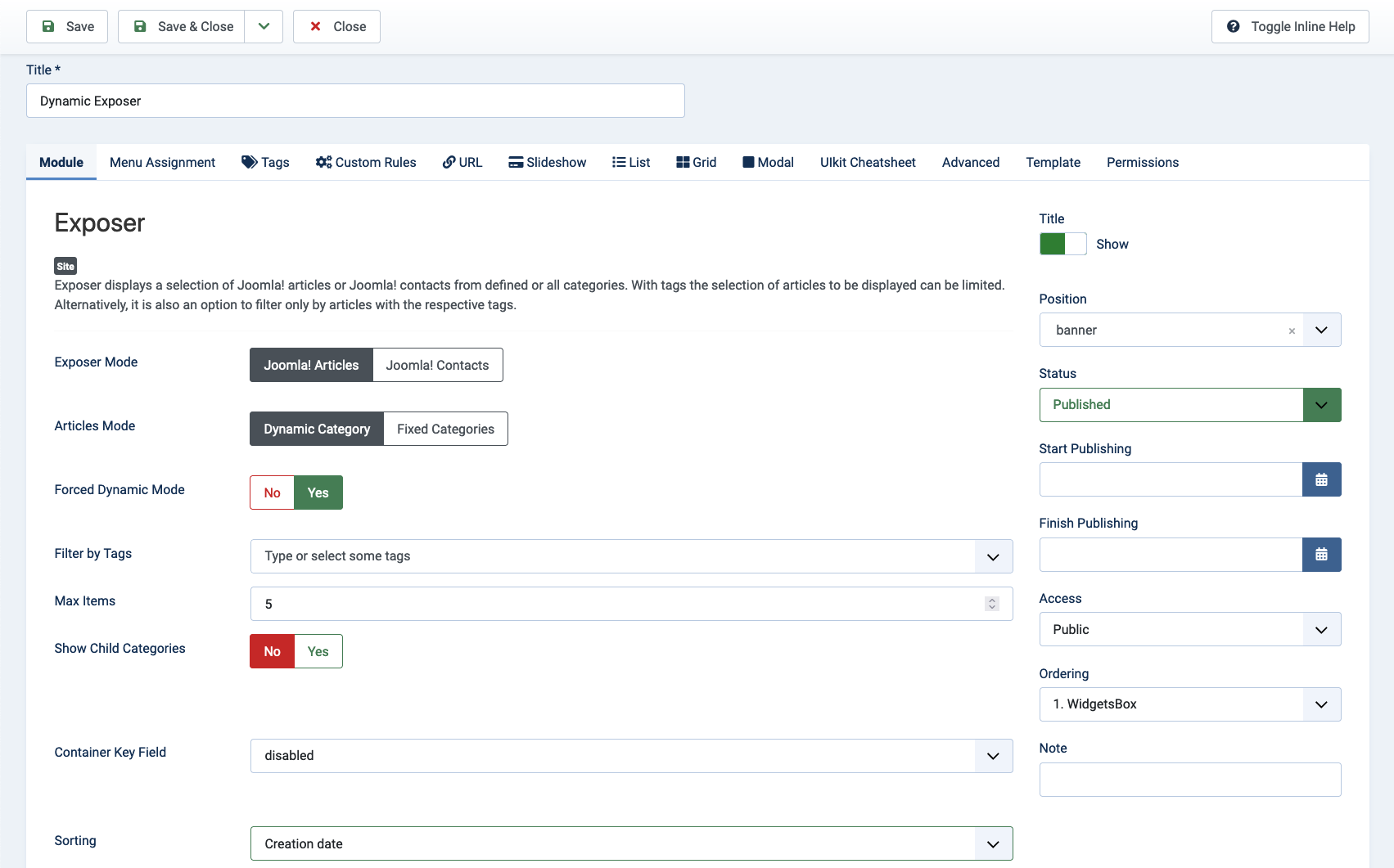 Exposer Dynamic Category Module Settings