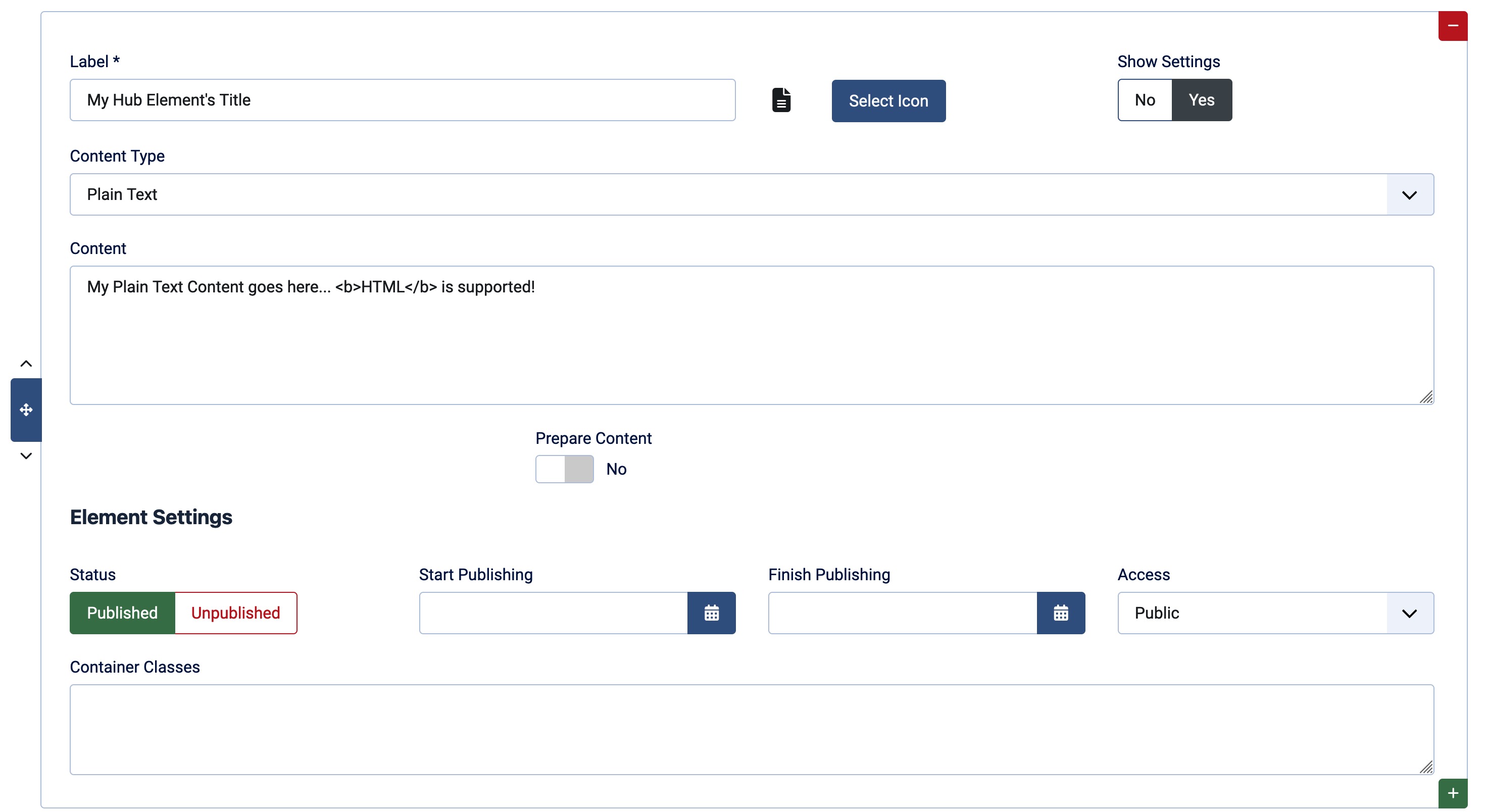 HyperionHub Element Example Plain Text Content