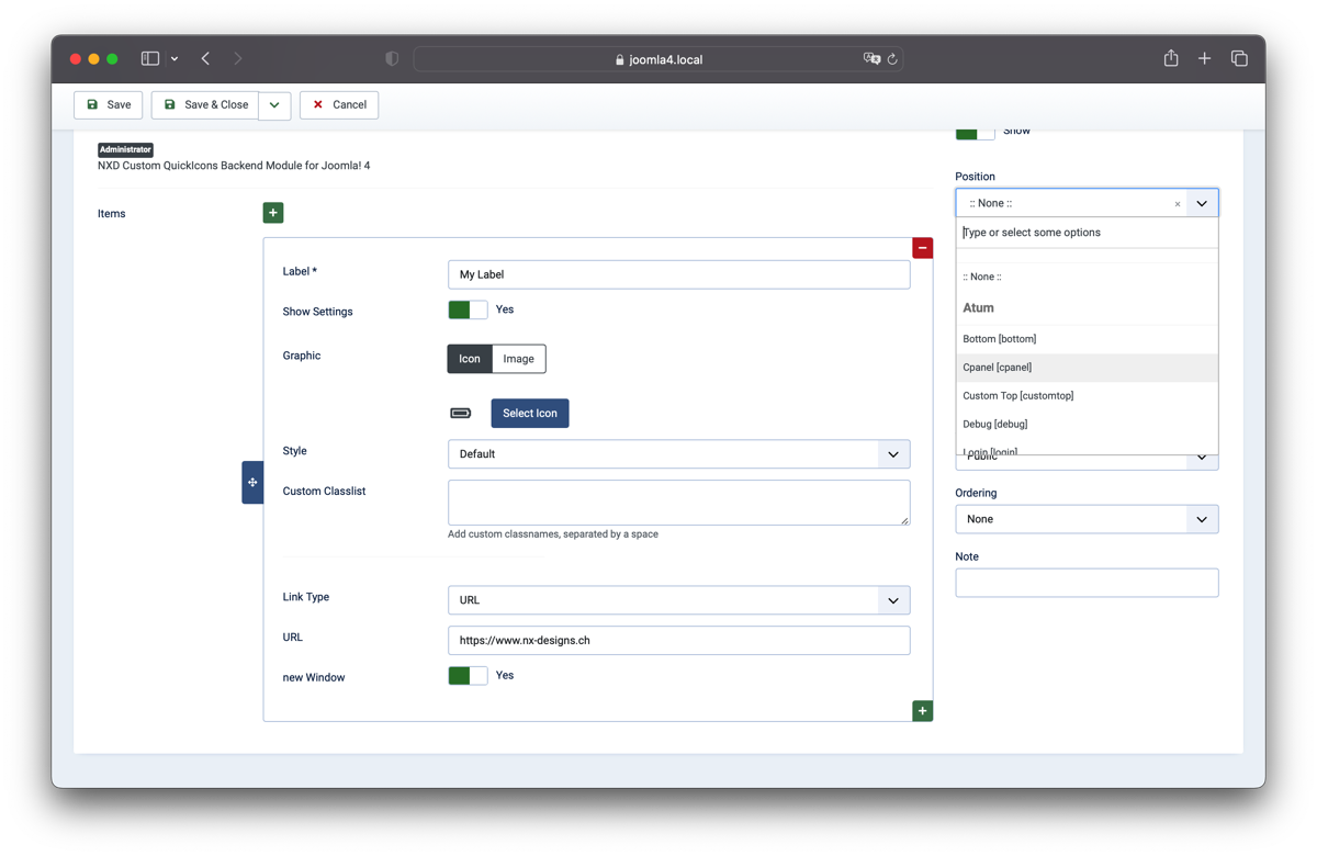 Module Settings First Item Settings visible