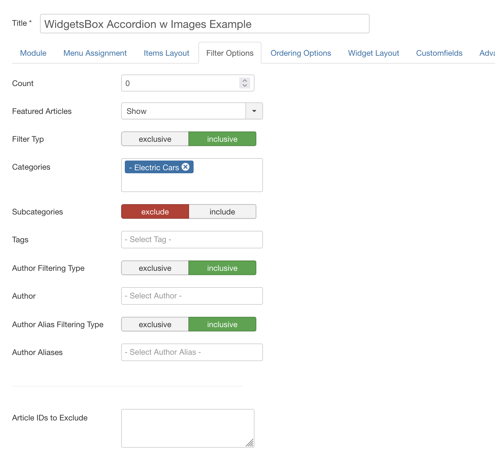 Filter Settings for WidgetsBox Accordion